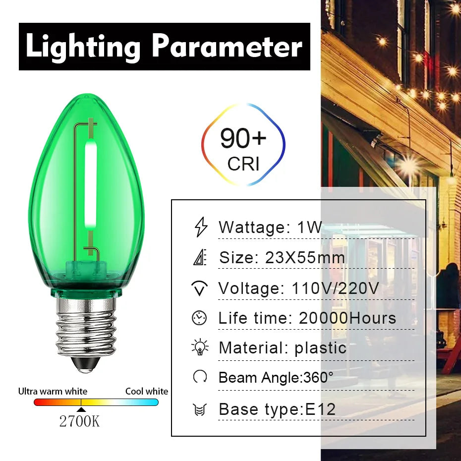 Grensk C7 RGB Shatterproof Replacement Bulbs – 1W E12 Waterproof Garland Lights