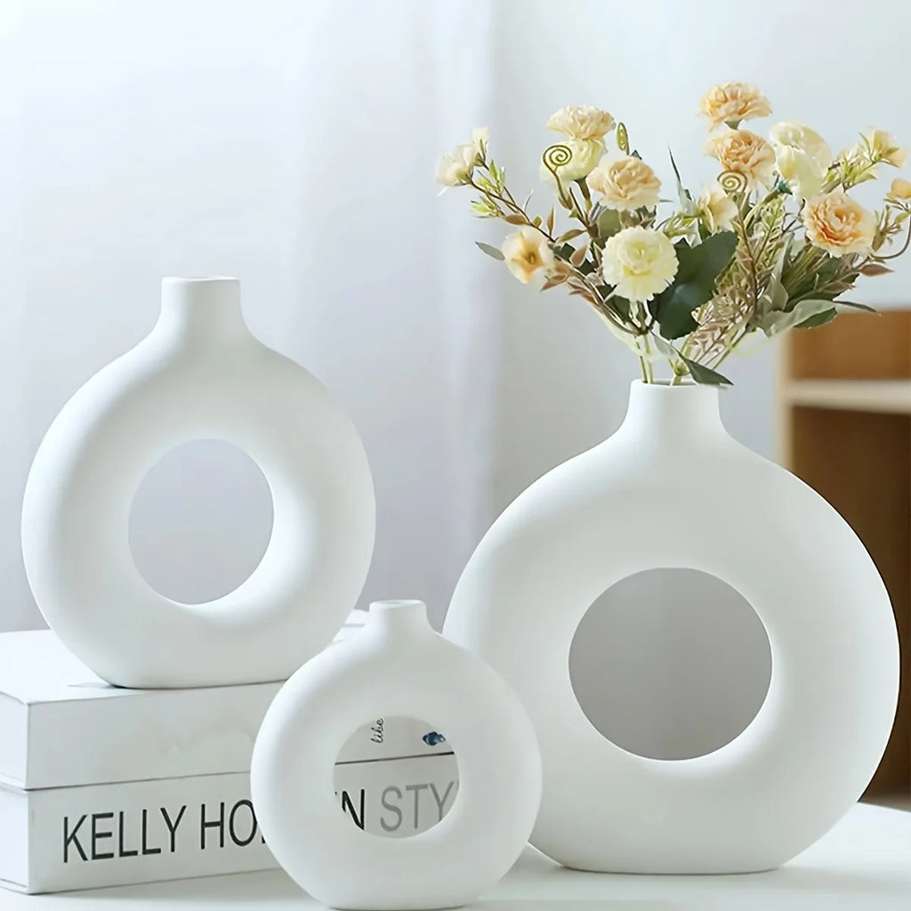 White & Beige Ceramic Donut Vase — Modern Boho Home Decor