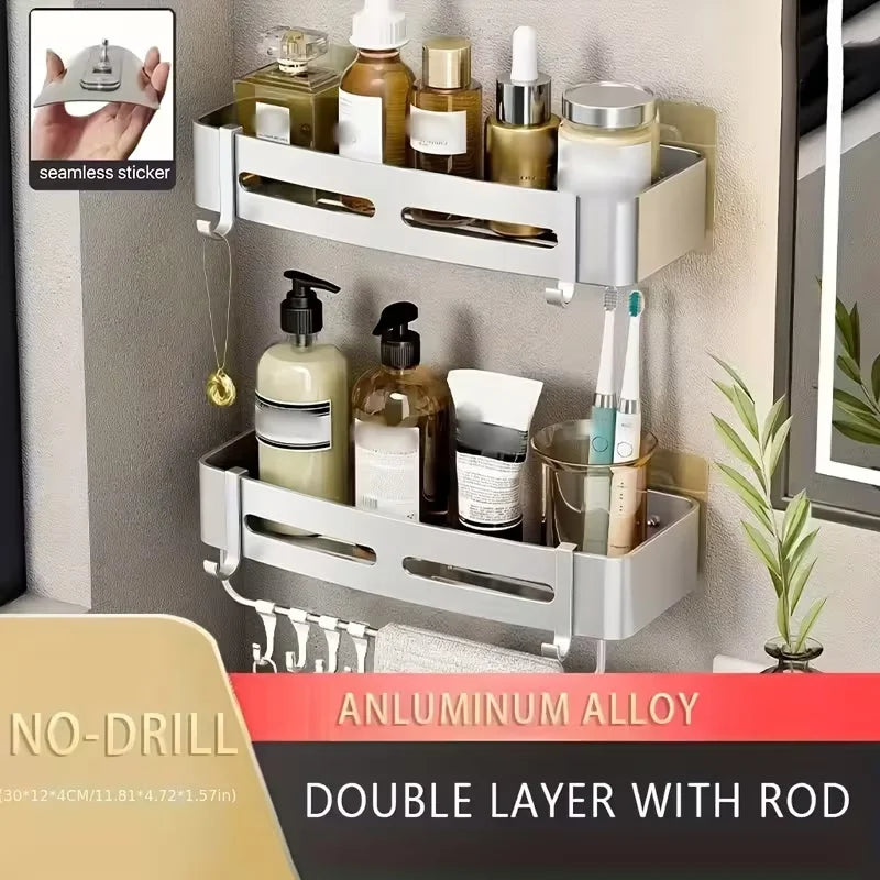 No-Drill Aluminum Corner Shower Shelf — Wall-Mounted Bathroom Organizer