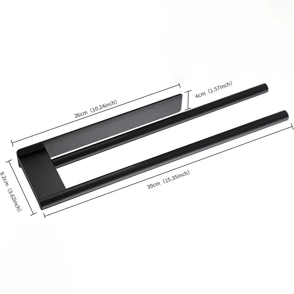 Matte Black Double Towel Bar — No-Drill Adhesive, Stainless Steel, Bathroom & Kitchen