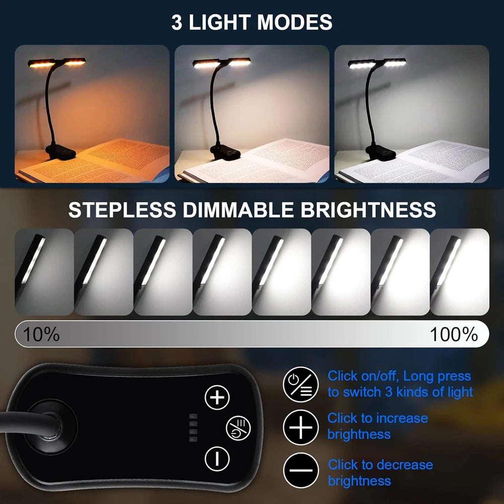 Dual-Head Touch Reading Light — Wide Illumination, USB Rechargeable