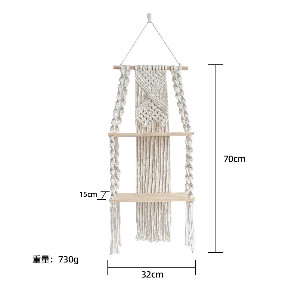 Boho Macrame Wall Hanging Shelf — Wood & Polyester Floating Shelf