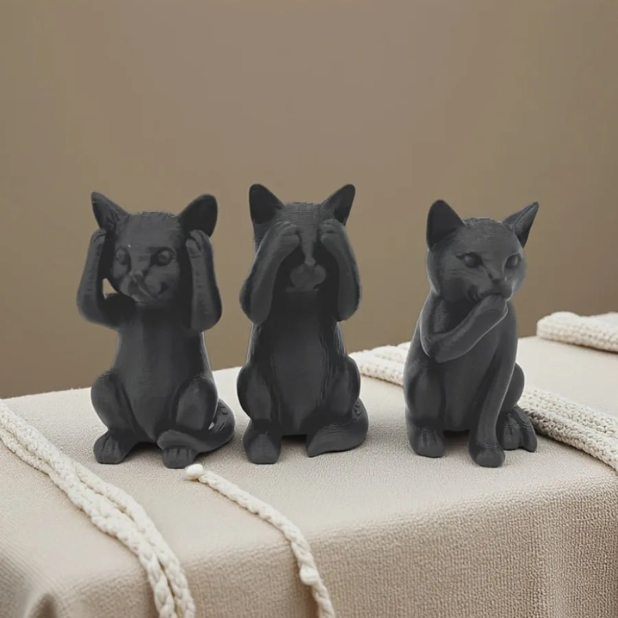 Three Wise Cats Minimalist Sculpture Set — See, Hear & Speak No Evil