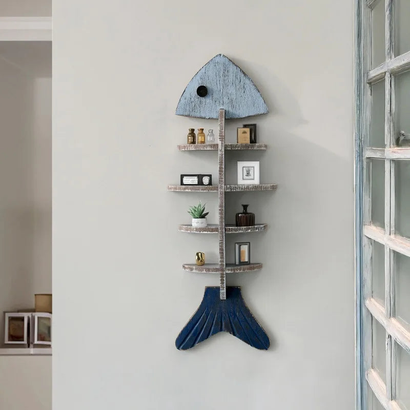 Nordic Wooden Fish Wall Shelf — Decorative Floating Bookshelf