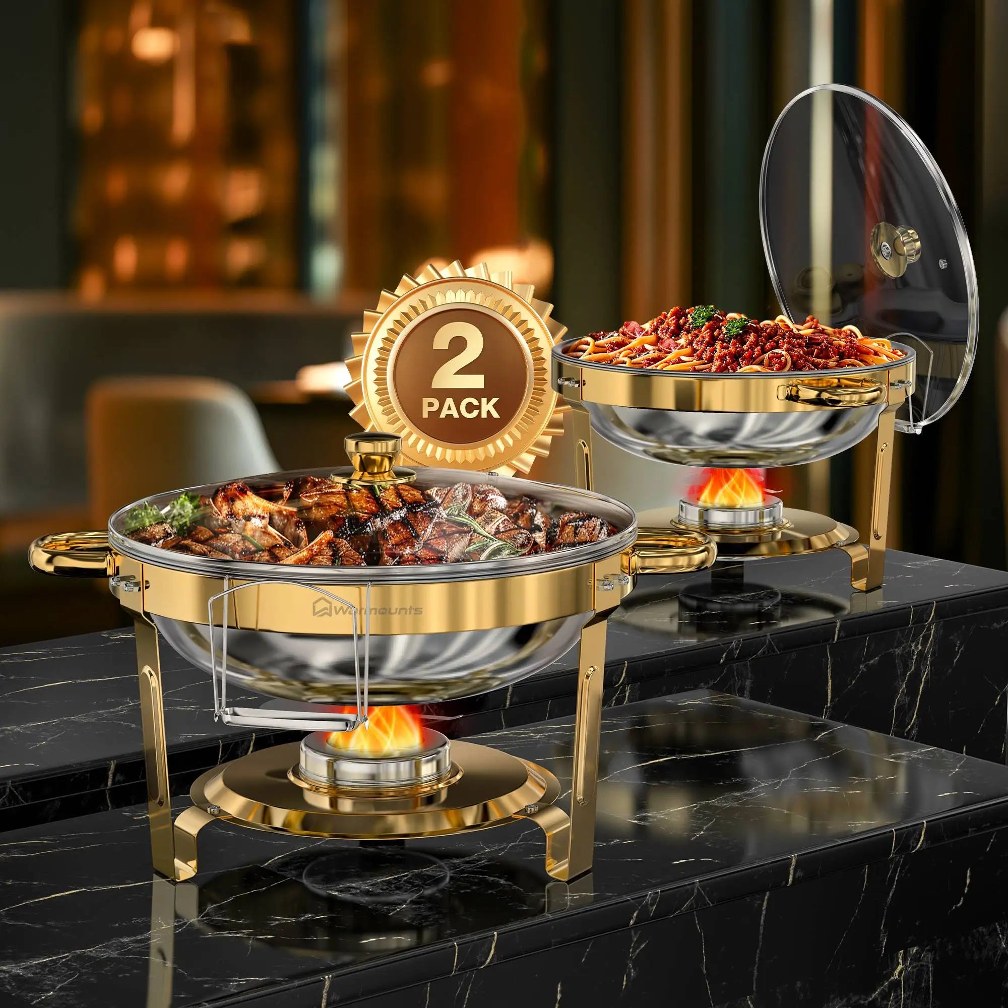Chafing Dish Buffet Warmer Set — Gold-Plated, Glass Lid, Set of 2 or 4