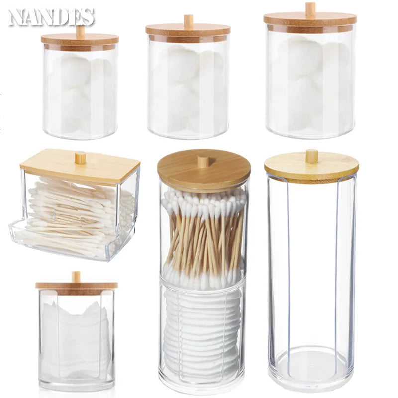 Acrylic Cotton Pad & Swab Dispenser with Bamboo Lid — Stackable Bathroom Jar