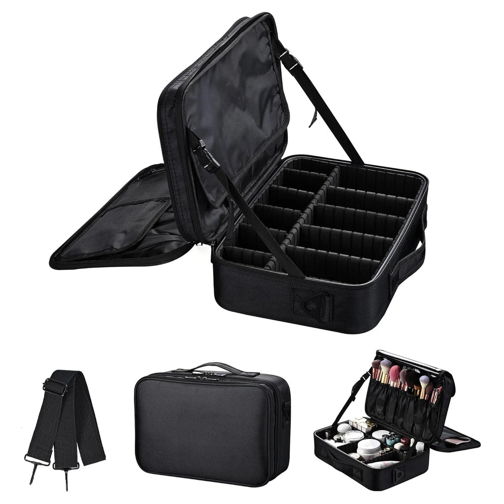 Large Capacity Travel Makeup Case — Adjustable Dividers & Shoulder Strap