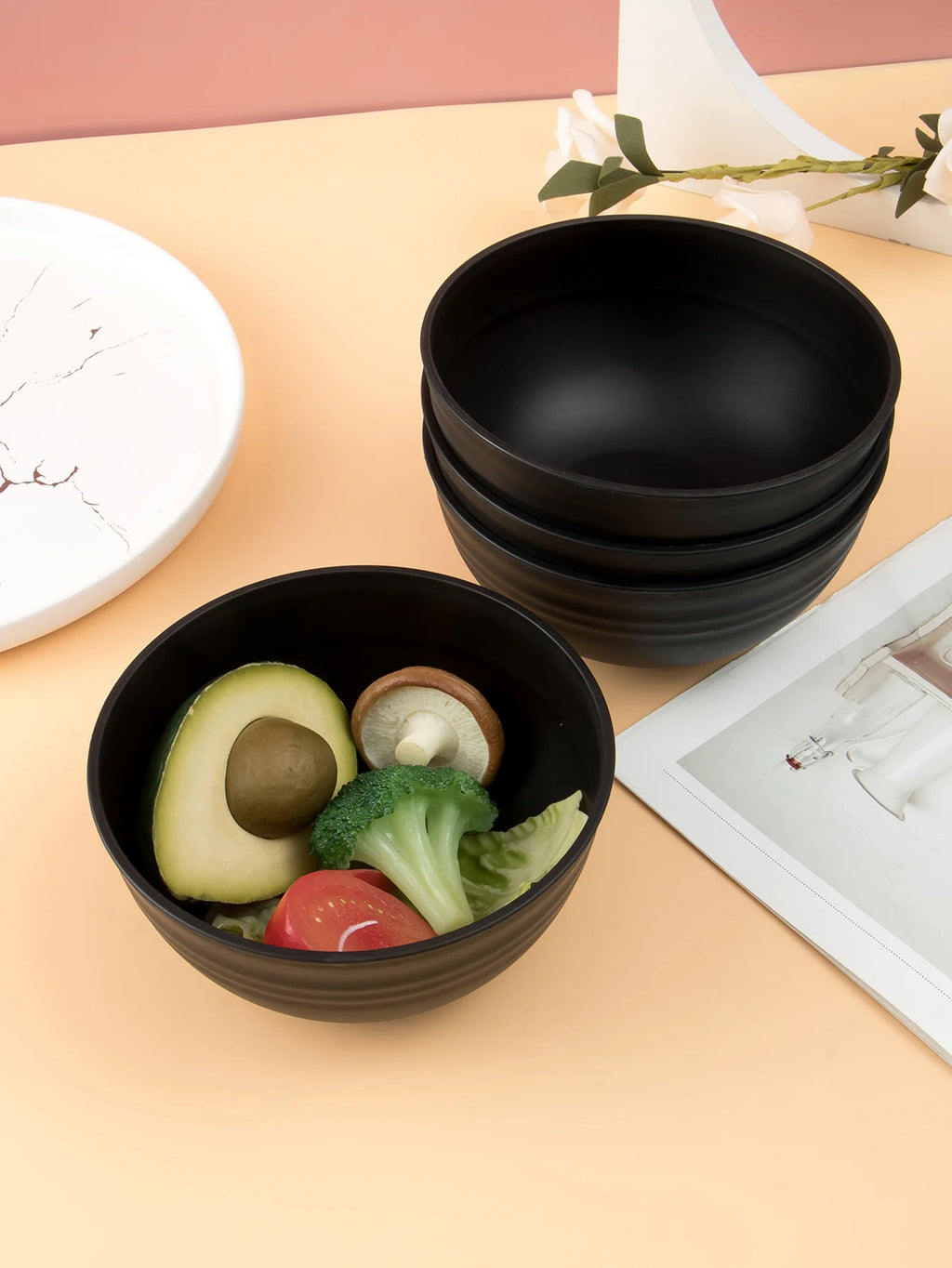 Black Grain Reusable Plastic Dinner Bowls — Set of 4, 6 or 8