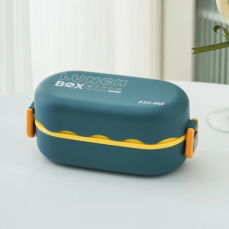 Double-Layer Compartment Lunch Box with Spoon — Leakproof, Microwavable