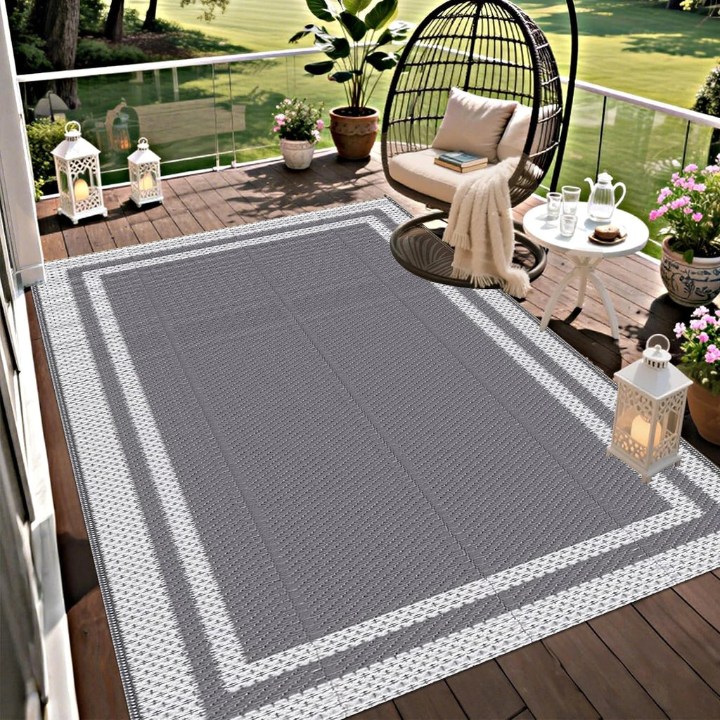PP Outdoor Mat 6×9ft – Gray & White Grid with Ground Pegs for Patio & Camping