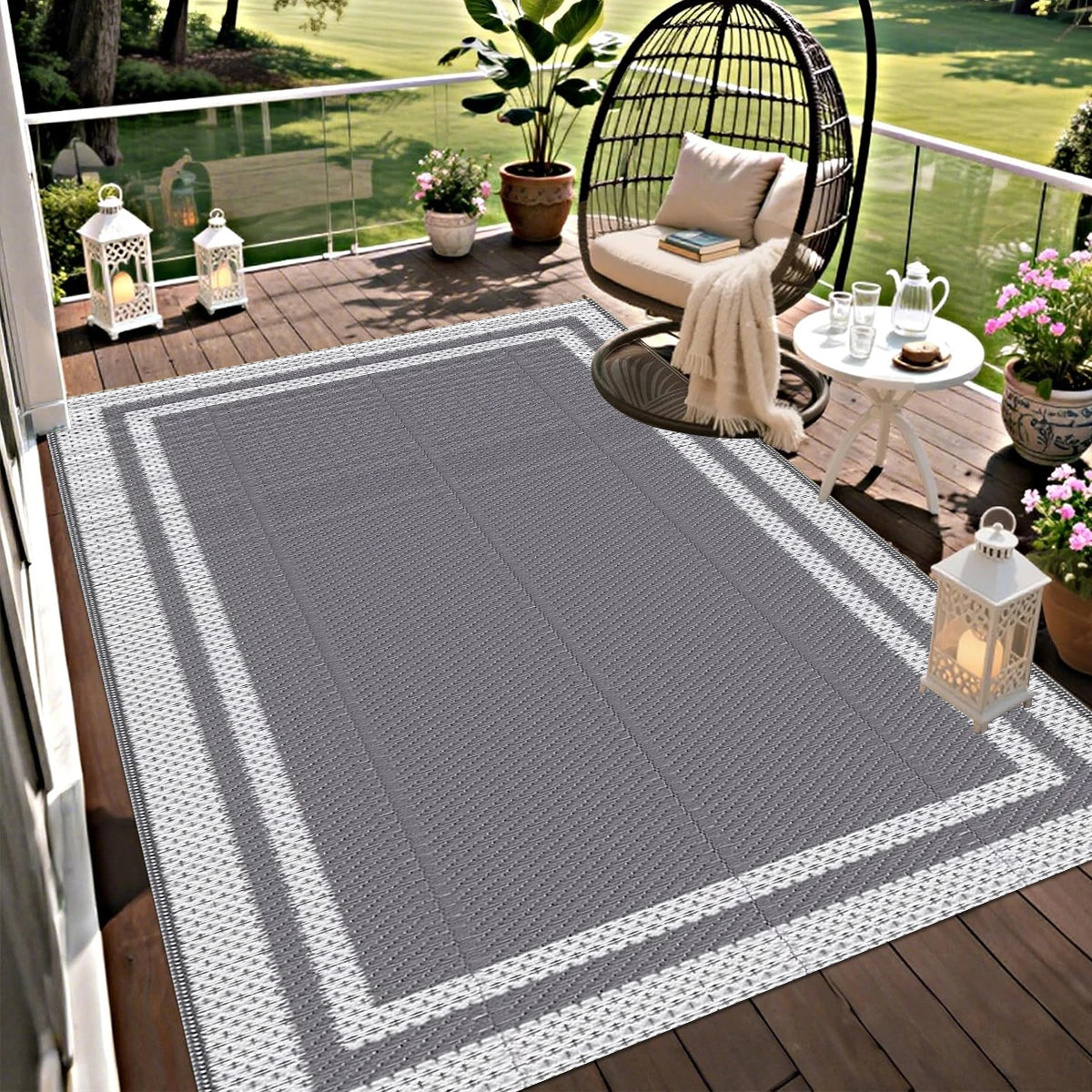 PP Outdoor Mat 6×9ft – Gray & White Grid with Ground Pegs for Patio & Camping
