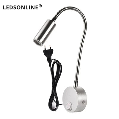 3W LED Reading Wall Lamp — Flexible, Plug-In, Black, Silver or White