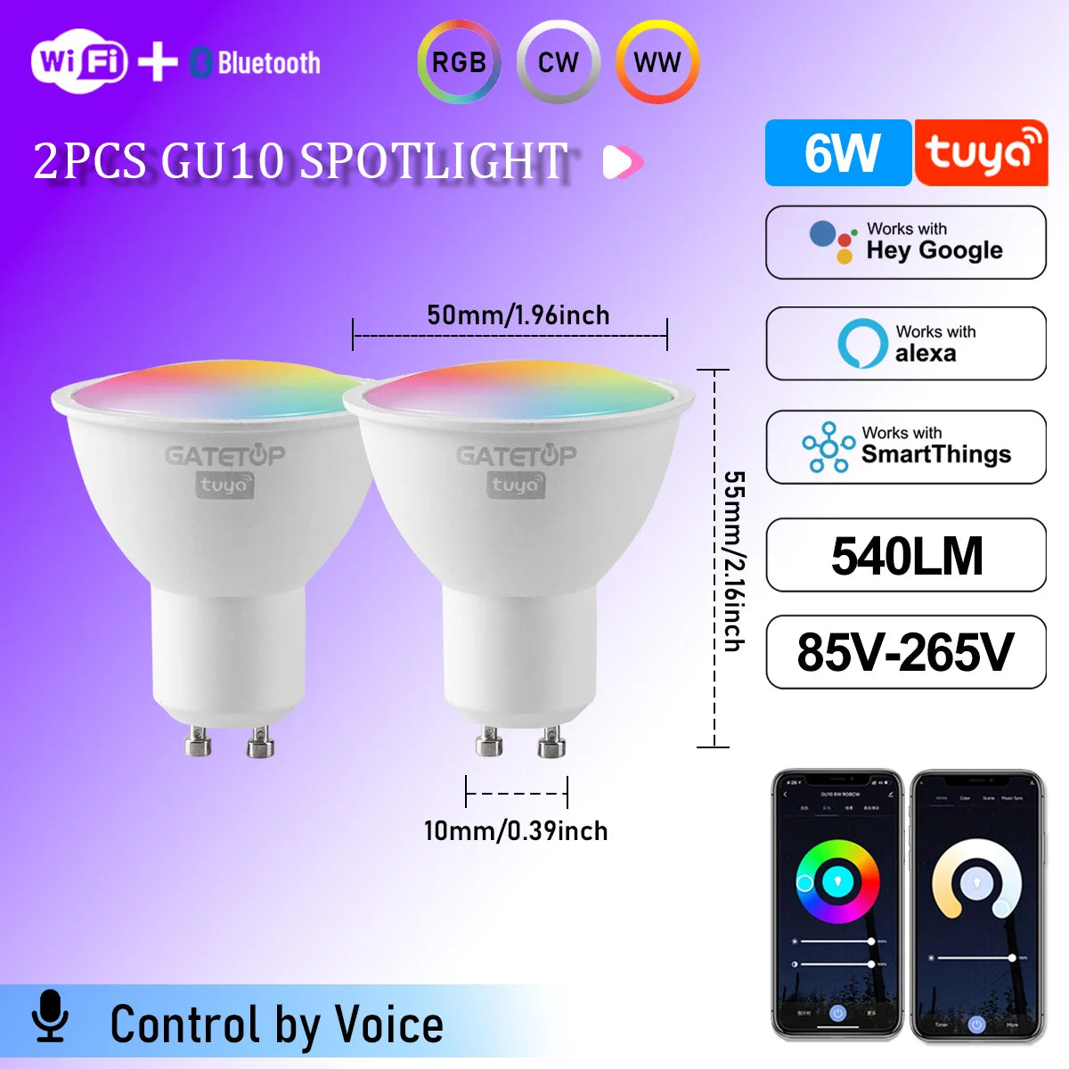 Tuya WiFi GU10 Smart Spotlight — Dimmable, Alexa & Google Compatible