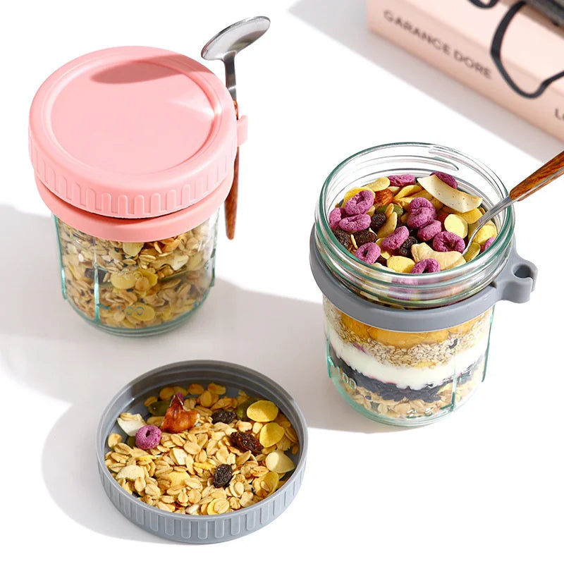 Overnight Oats Glass Jar with Lid & Spoon — Airtight, Portable