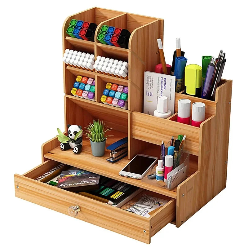 Wooden DIY Desk Organiser with Drawer — Pen & Stationery Storage