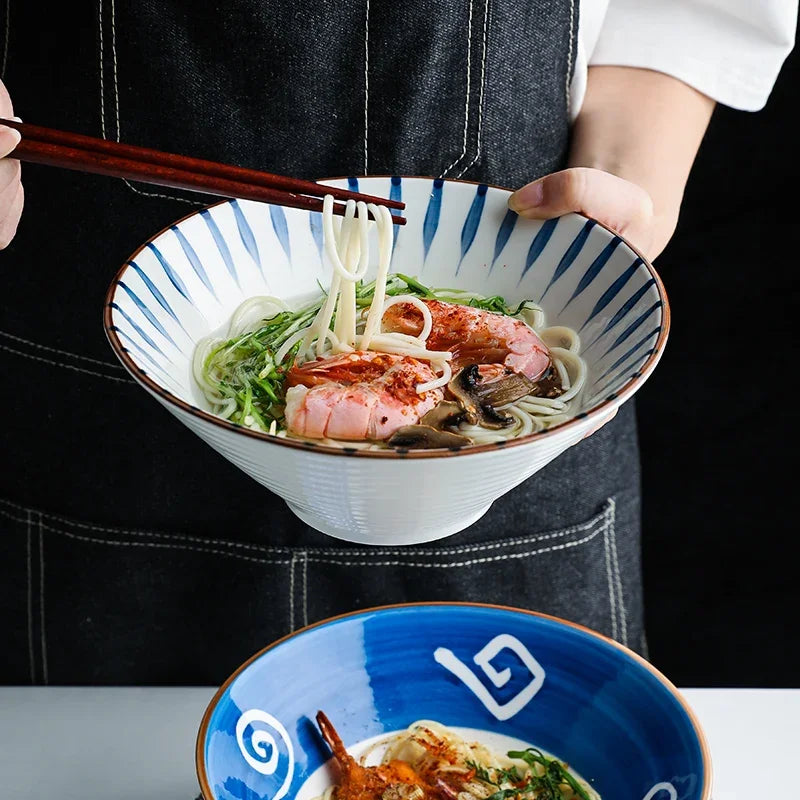 Japanese Ramen Bowl — Ceramic, Blue, Microwave Safe