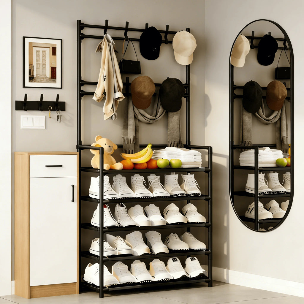 5-Tier Freestanding Coat & Shoe Rack — Double Row