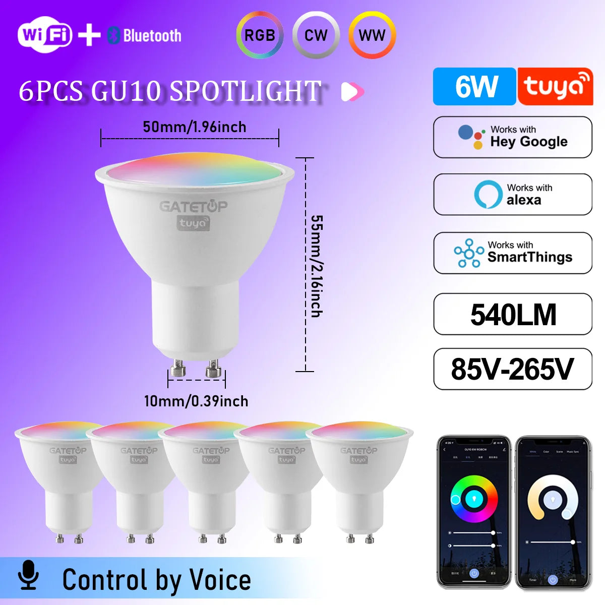 Tuya WiFi GU10 Smart Spotlight — Dimmable, Alexa & Google Compatible
