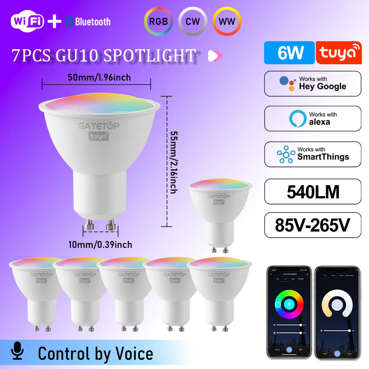 Tuya WiFi GU10 Smart Spotlight — Dimmable, Alexa & Google Compatible