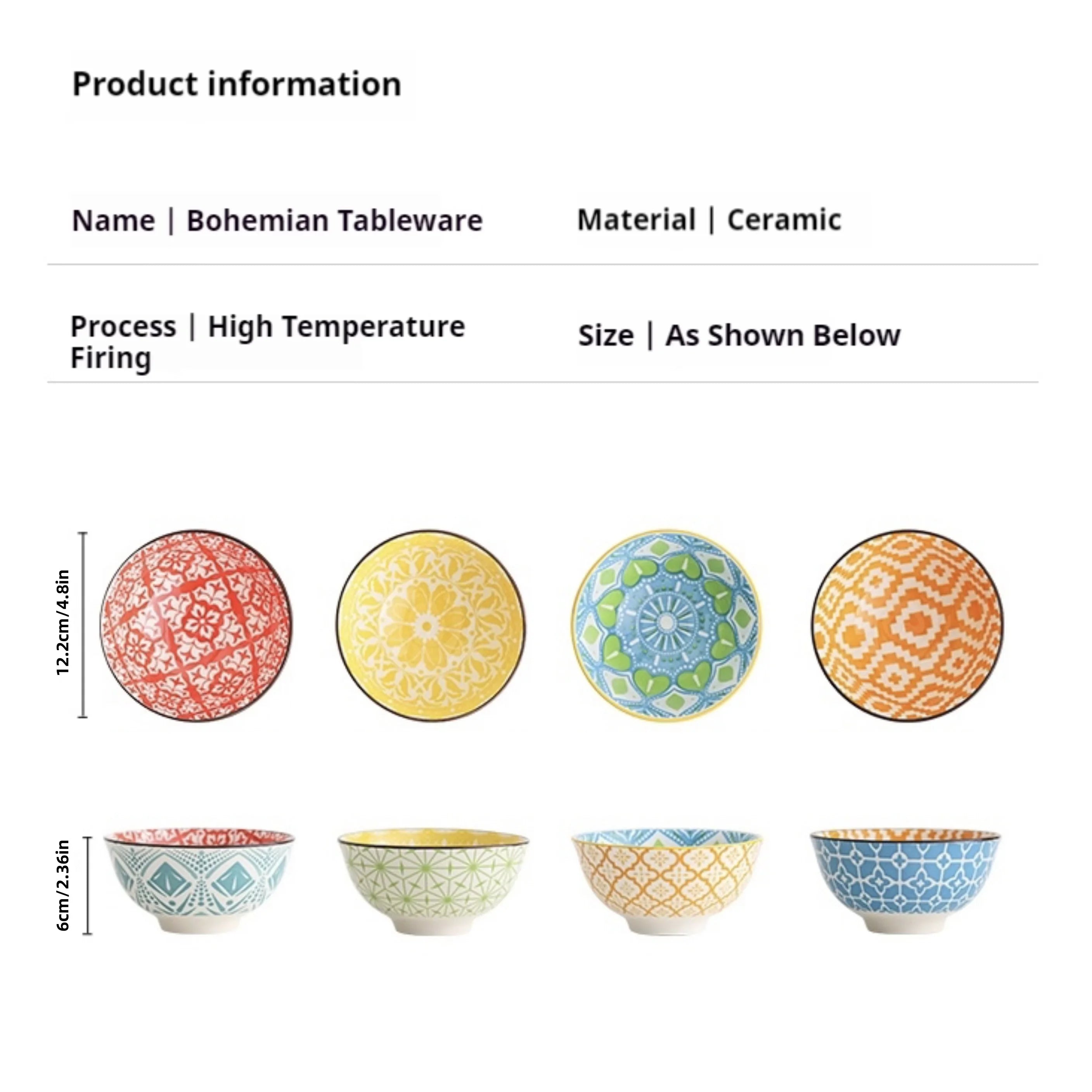 Bohemian Ceramic Bowl Set — 4 Pieces, Microwave & Dishwasher Safe