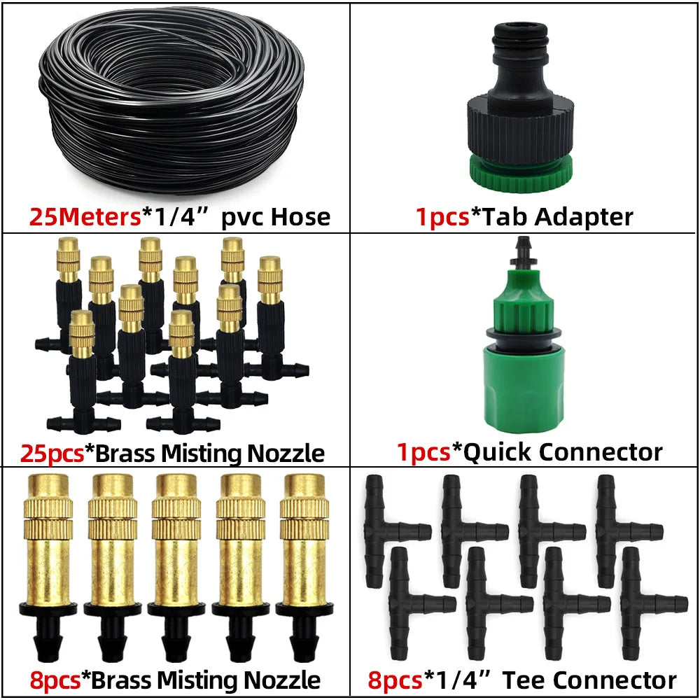 Outdoor Misting Cooling System – Brass Atomizer Nozzles & 4/7mm Hose for Patio & Greenhouse (5–30 m)