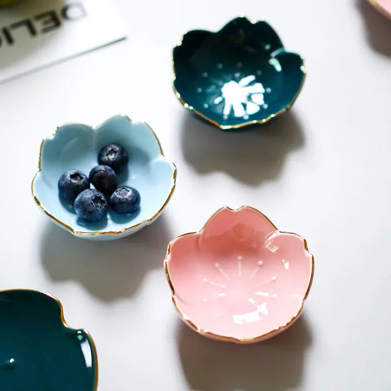 Sakura Ceramic Sauce Dish — Nordic Style, Gold Border, Set Options