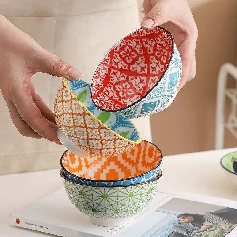 Bohemian Ceramic Bowl Set — 4 Pieces, Microwave & Dishwasher Safe