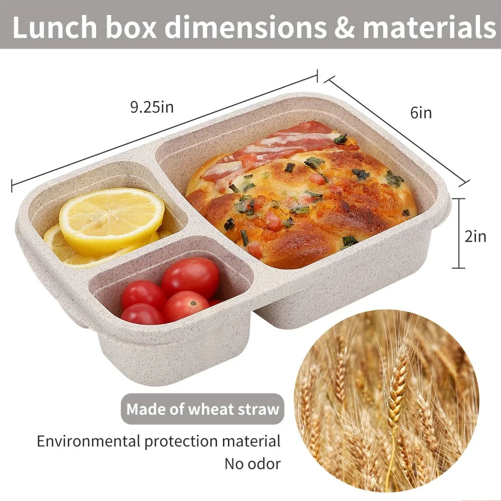 Wheat Straw Bento Lunch Box — 3 Compartments, Leakproof, Microwave Safe