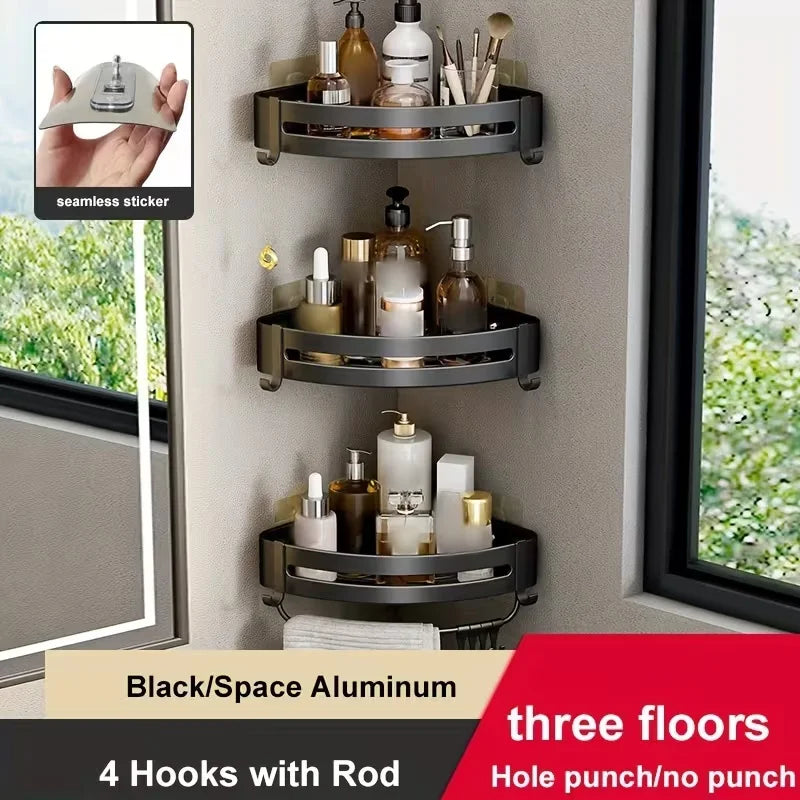 No-Drill Aluminum Corner Shower Shelf — Wall-Mounted Bathroom Organizer