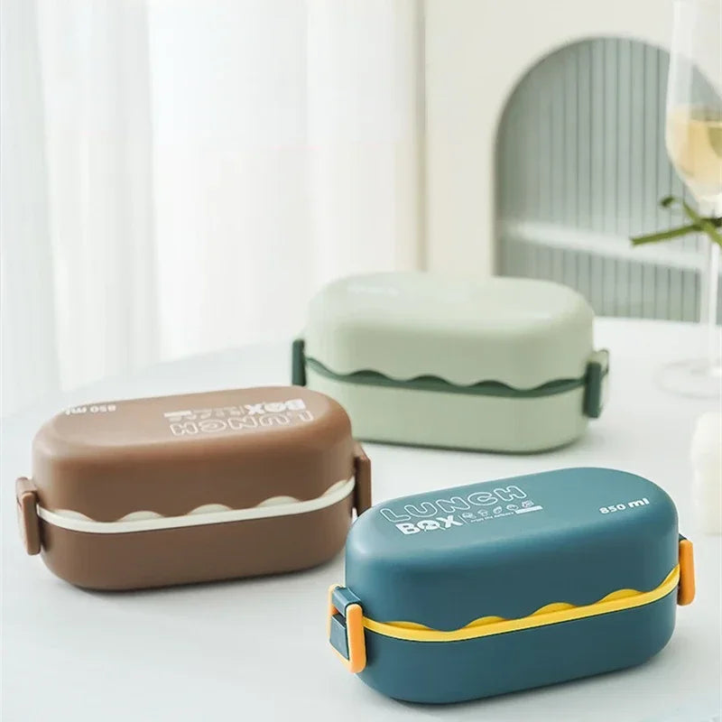 Double-Layer Compartment Lunch Box with Spoon — Leakproof, Microwavable
