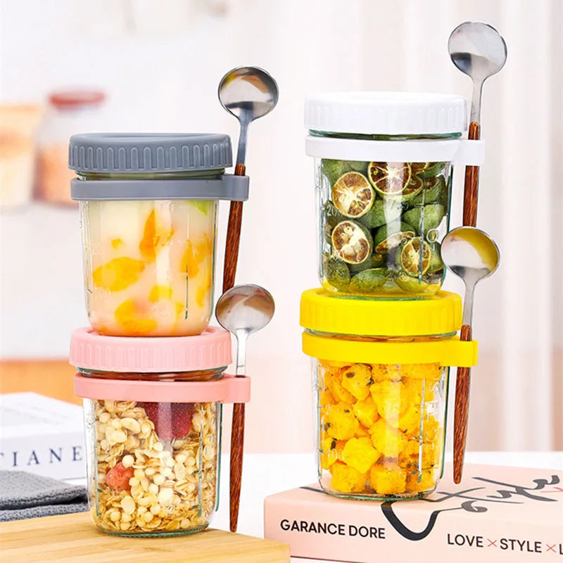 Overnight Oats Glass Jar with Lid & Spoon — Airtight, Portable