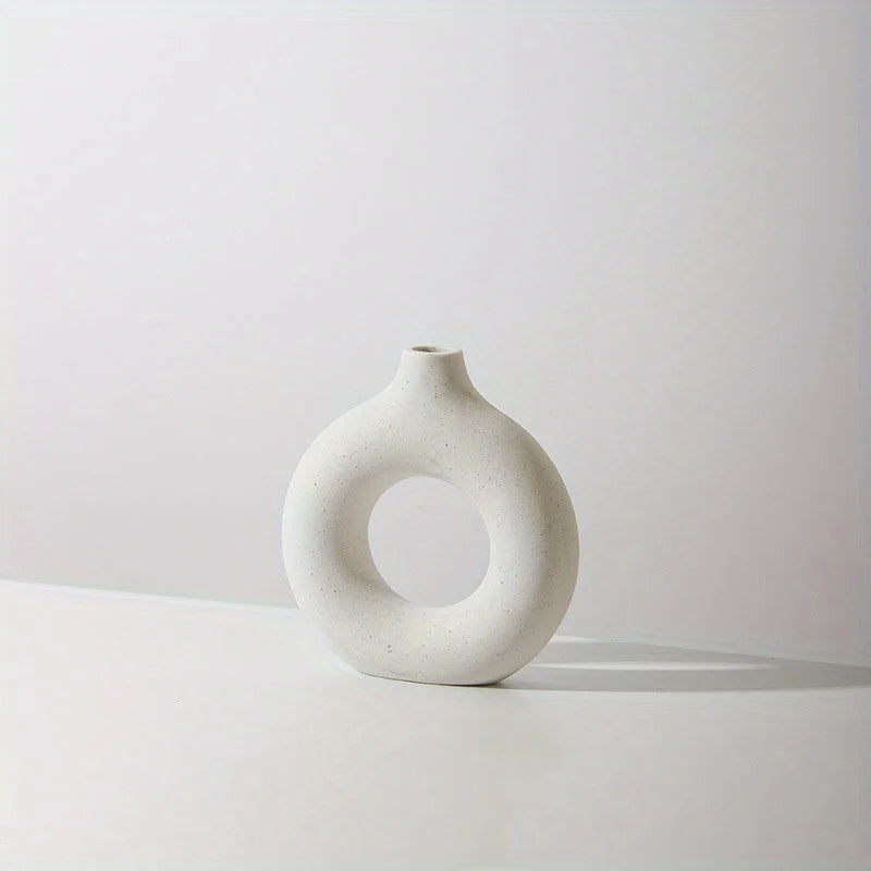 White & Beige Ceramic Donut Vase — Modern Boho Home Decor