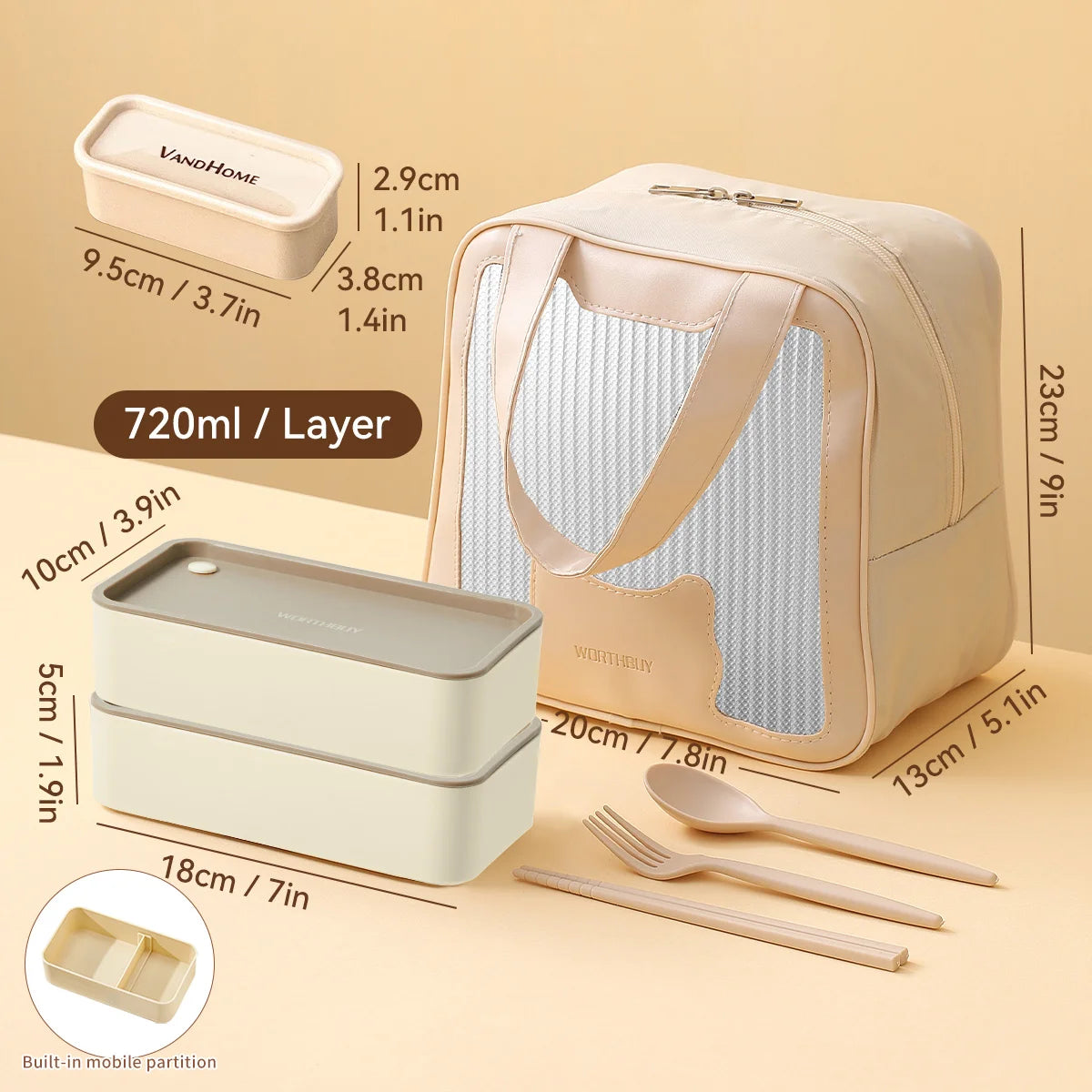 WORTHBUY Divided Bento Lunch Box — Leakproof, Microwave Safe, with Bag & Cutlery