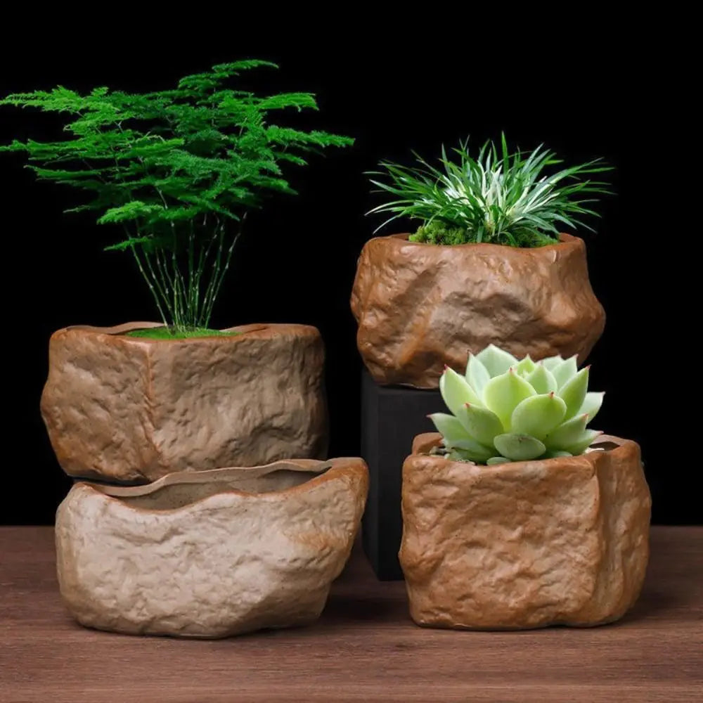 Stone Shape Ceramic Succulent Pot – Nordic Style Planter with Drainage Hole