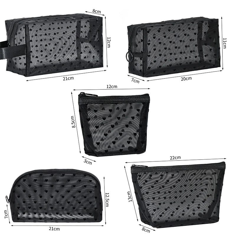 Transparent Mesh Makeup Bag — Heart Detail, Zipper Cosmetic Pouch, 12×8.5cm