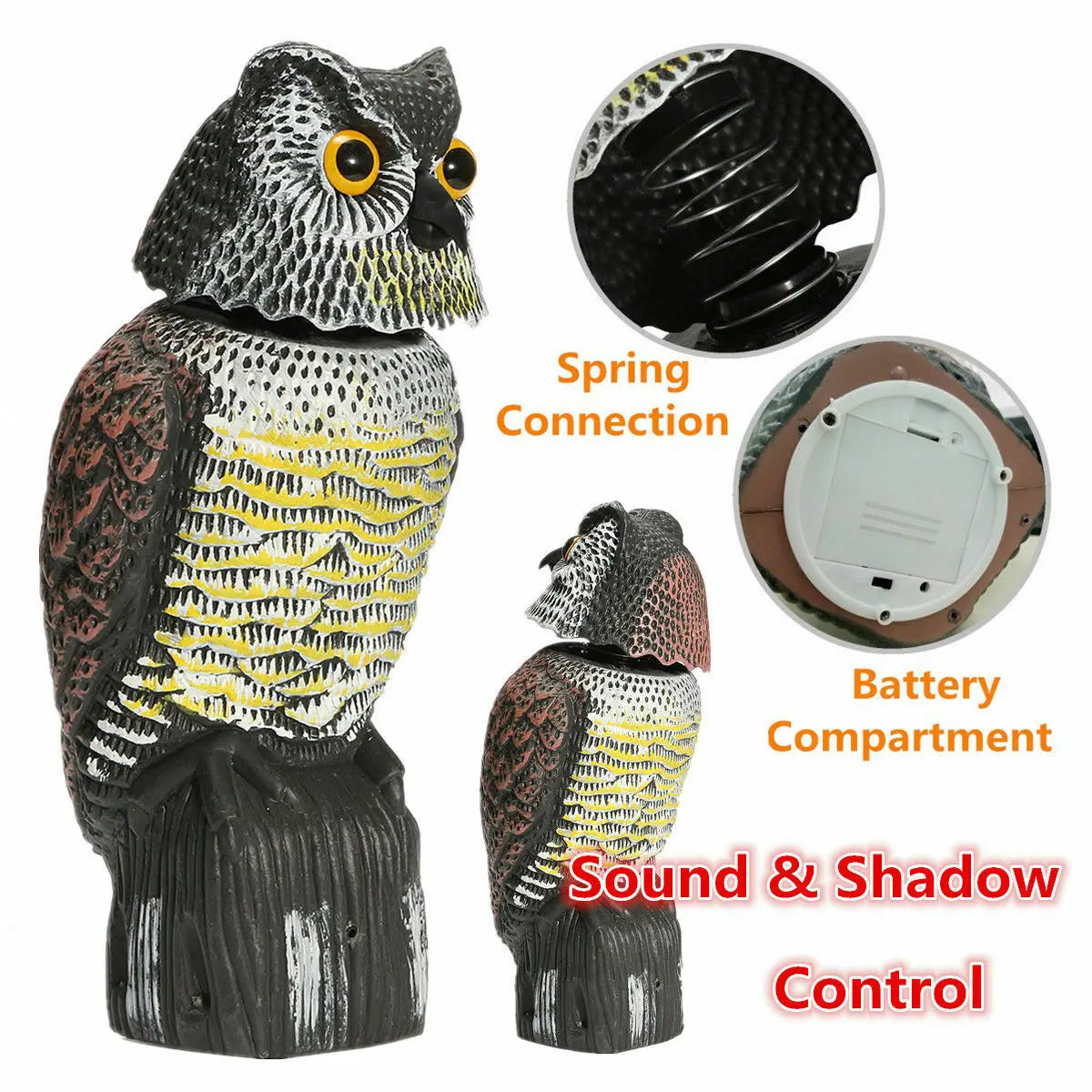 Realistic Owl Decoy Scarecrow — Rotating Head & Sound, Garden Bird Repellent