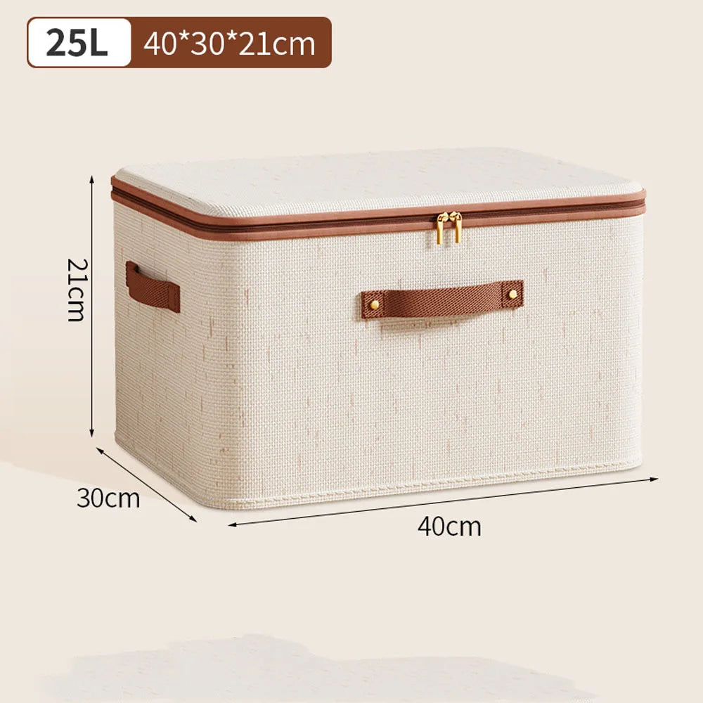 Zipped Cotton Linen Storage Box with Leather Handle