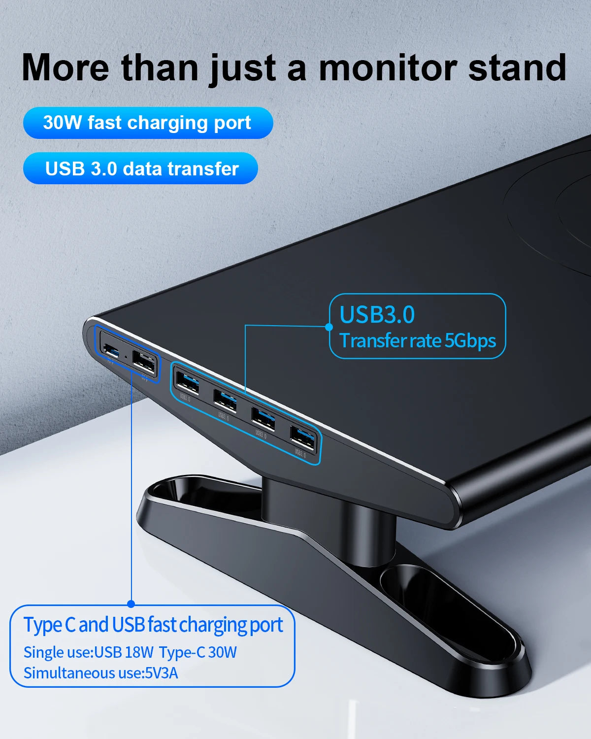 Height-Adjustable Monitor Stand Riser with USB Hub & Phone Holder