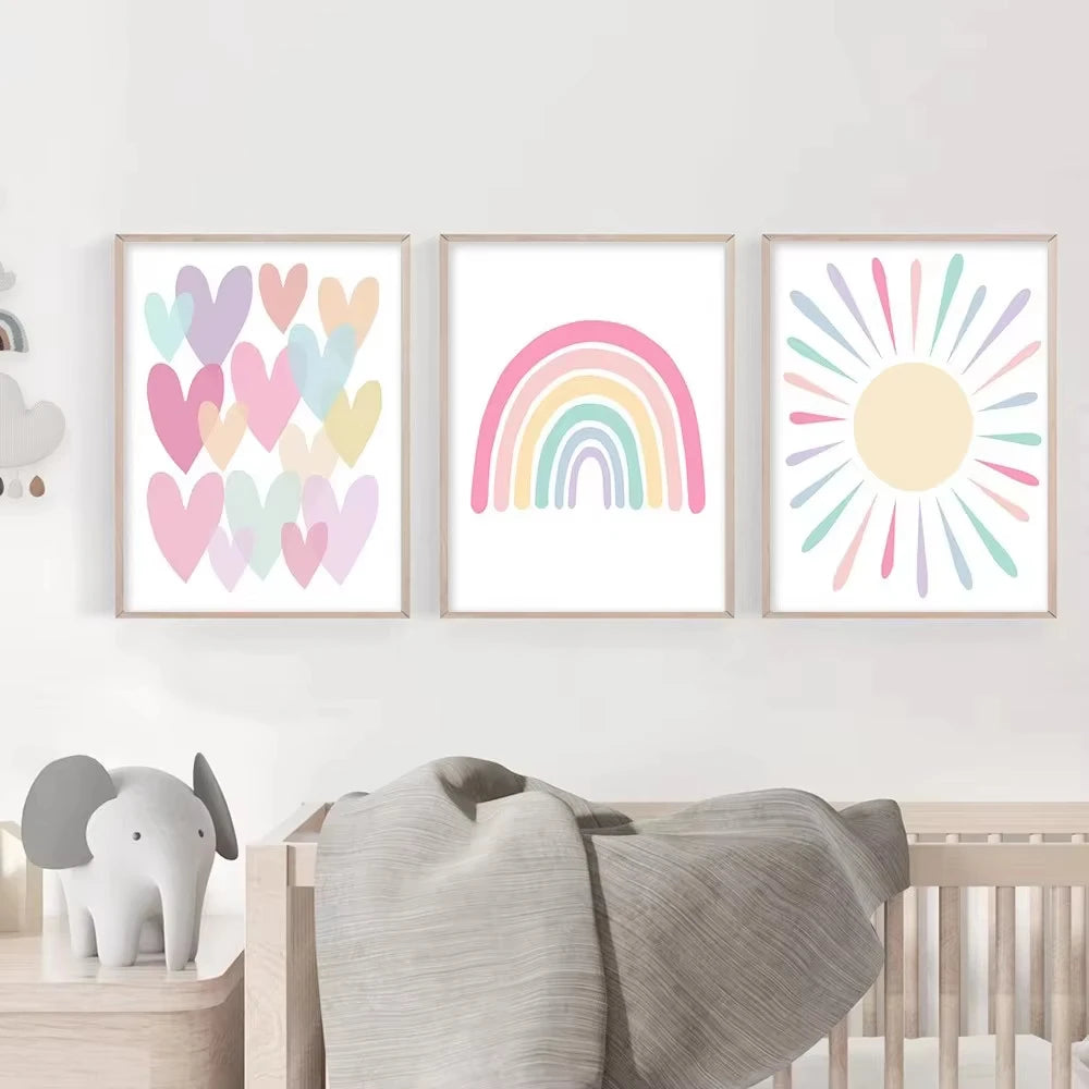 Cartoon Heart & Rainbow Nursery Canvas Poster — Unframed, Multiple Sizes