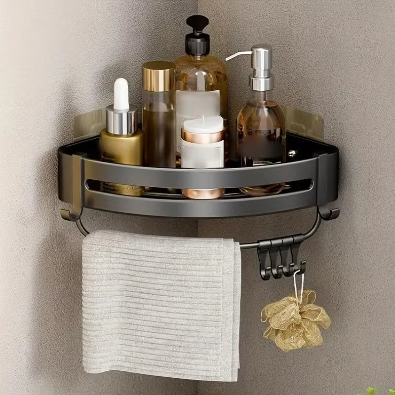 No-Drill Aluminum Corner Shower Shelf — Wall-Mounted Bathroom Organizer