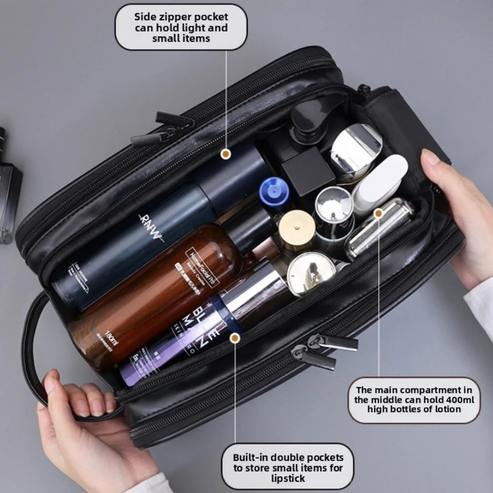 PU Leather Hanging Toiletry Bag — Multi-Pocket, Dry-Wet Separation, 28×18×15cm