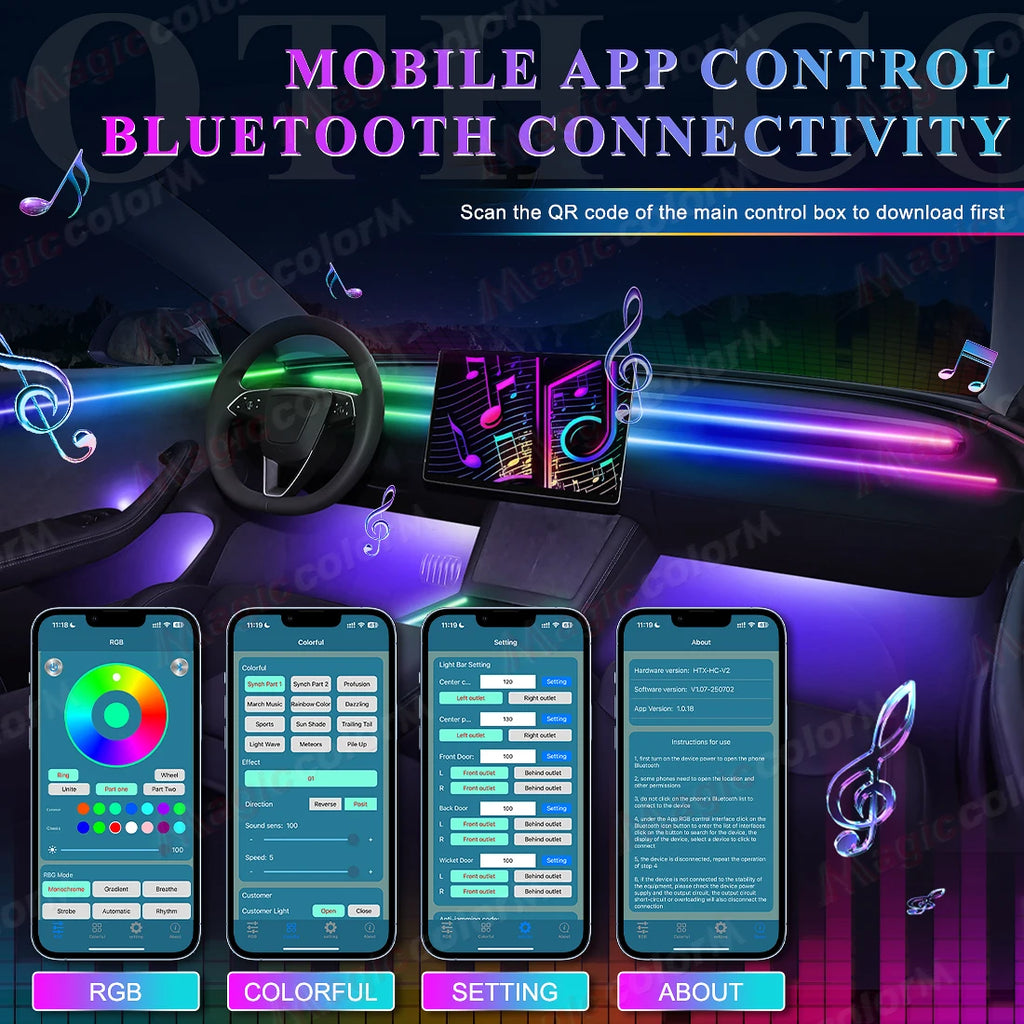 RGB Car Ambient Light Kit — Bluetooth, App Control, 64 Colours