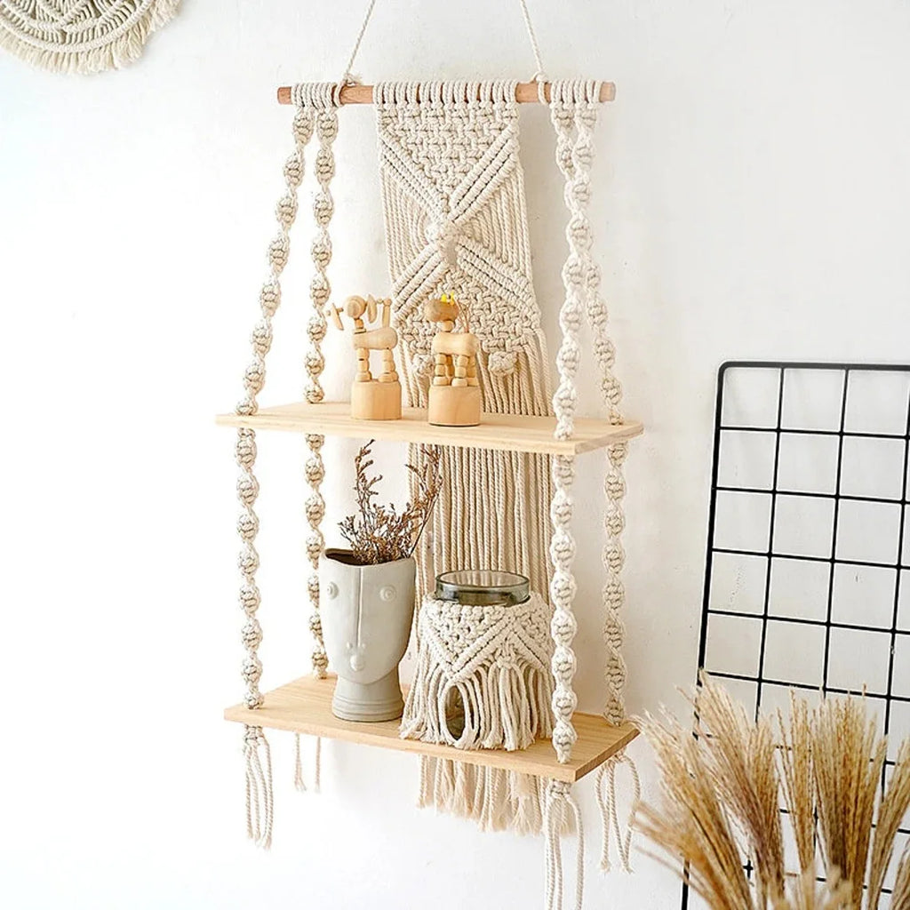 Boho Macrame Wall Hanging Shelf — Wood & Polyester Floating Shelf