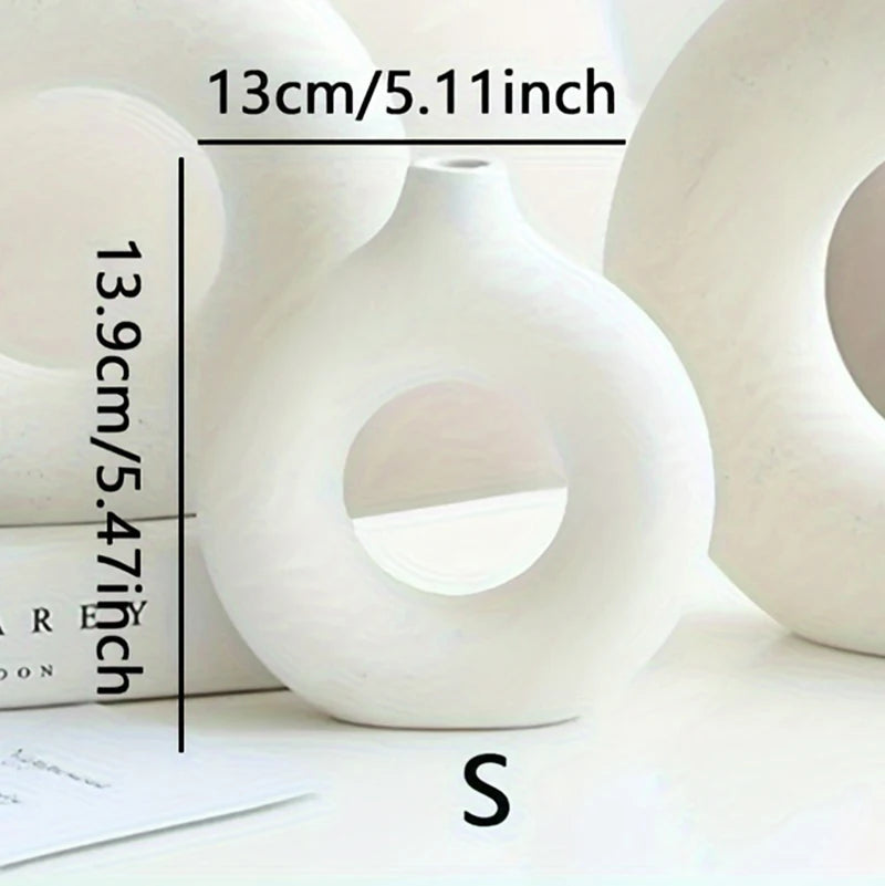 White & Beige Ceramic Donut Vase — Modern Boho Home Decor