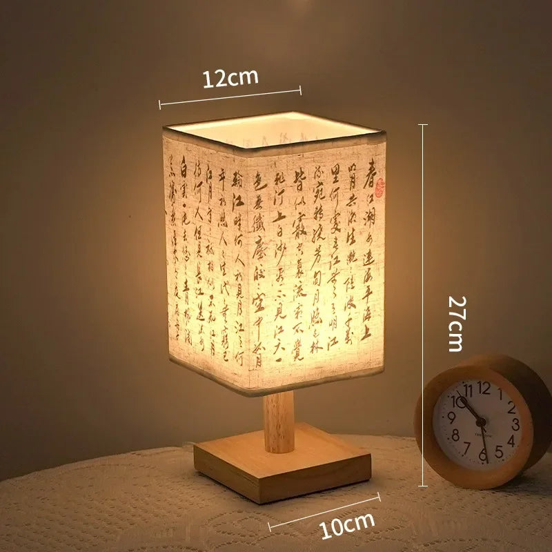 Chinese-Style Wood & Linen Bedside Lamp — Dimmable, USB Powered