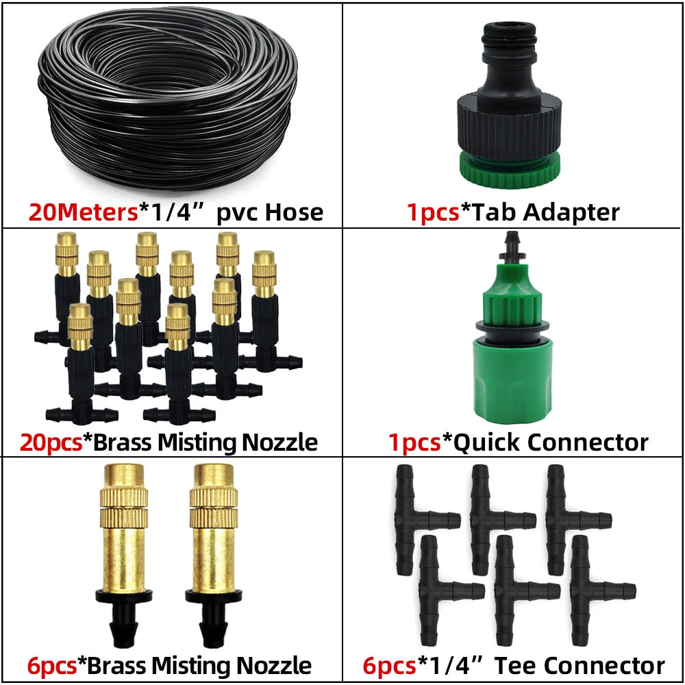Outdoor Misting Cooling System – Brass Atomizer Nozzles & 4/7mm Hose for Patio & Greenhouse (5–30 m)