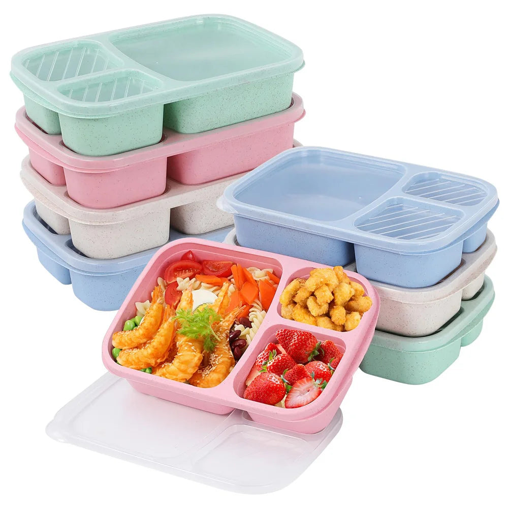 Wheat Straw Bento Lunch Box — 3 Compartments, Leakproof, Microwave Safe