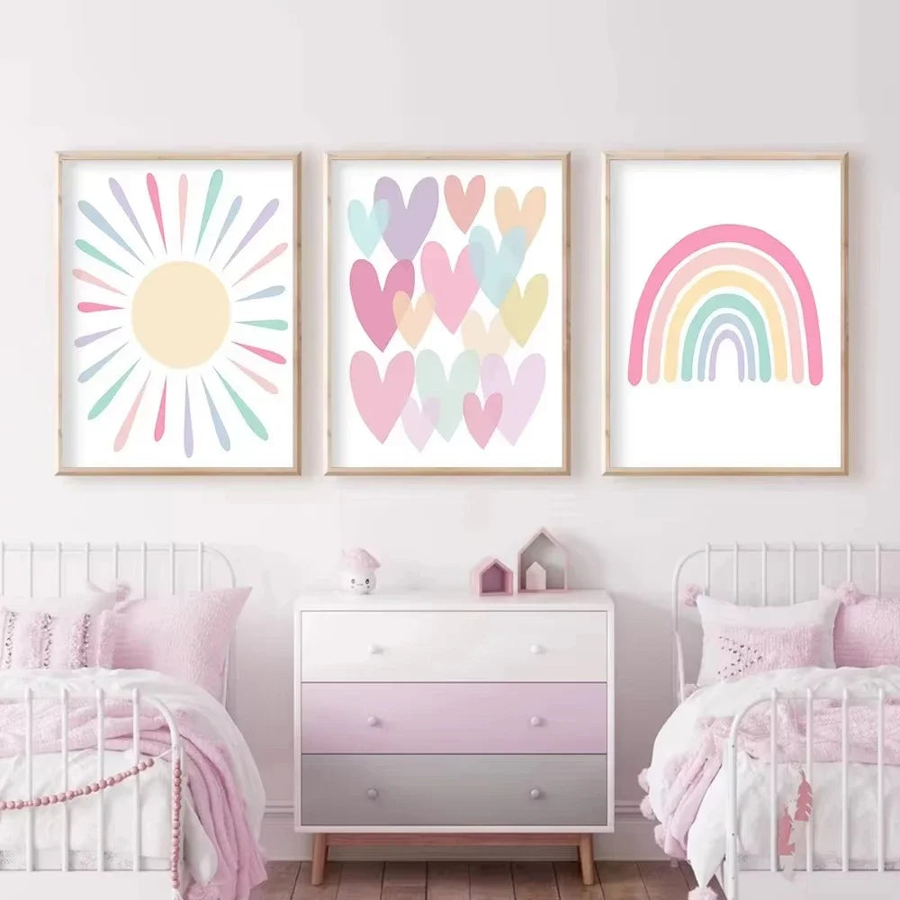Cartoon Heart & Rainbow Nursery Canvas Poster — Unframed, Multiple Sizes