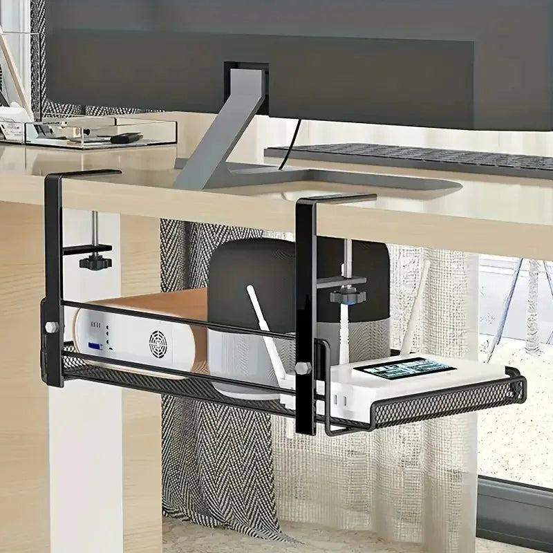 Under-Desk Carbon Steel Cable Management Rack — No-Drill Hook Mount