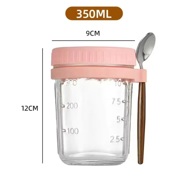 Overnight Oats Glass Jar with Lid & Spoon — Airtight, Portable